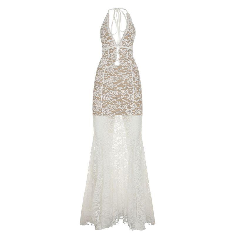 

European and American Sexy Style Lace Hollow-out Halter Tied Dress Hollow Backless High Waist Figure Flattering Sheath Long Dress White L