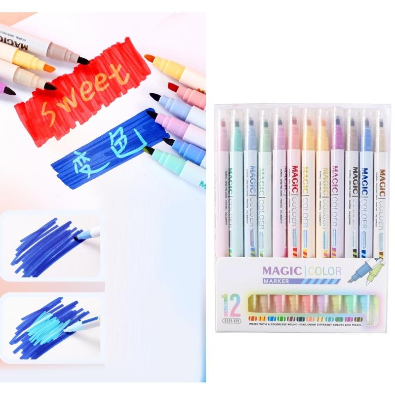 12Pcs Color Changing Pen Double Tip Multicolor Highlighter Pen for Scrapbooking Card Making Calendar Journal Notebook