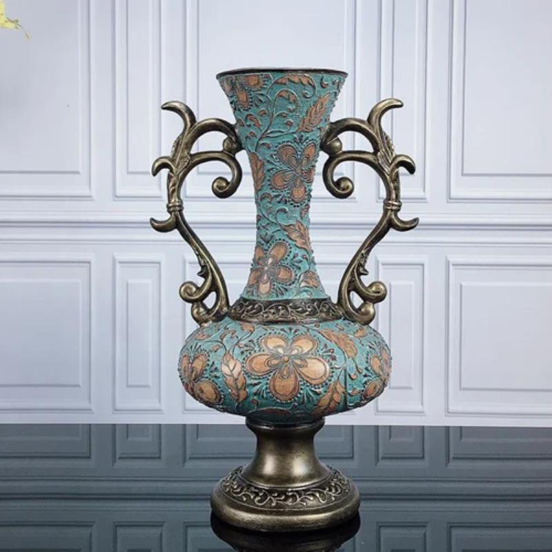 European High-end Home Ornament Retro Luxury Resin Decoration Ornament House Living Room Artificial Flowers Vase