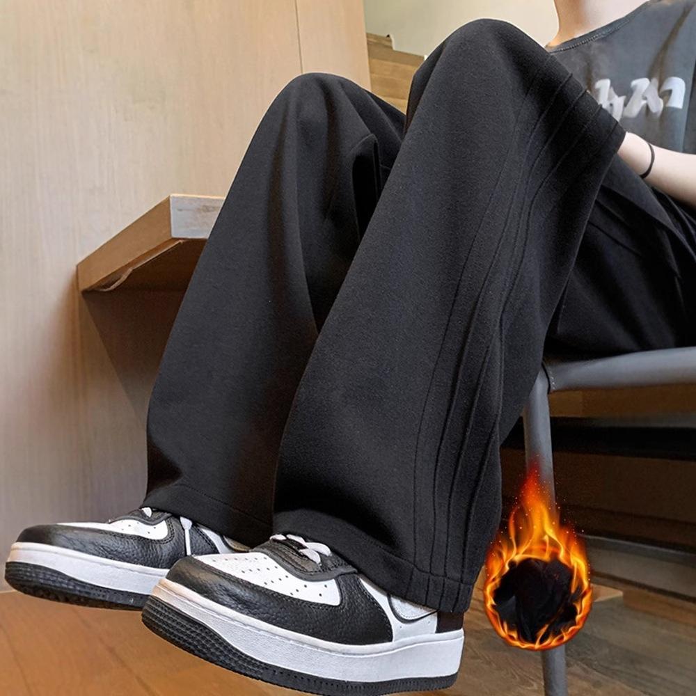 Men's Autumn Winter Fleece Lined Straight Leg Sweatpants Spring Autumn American Style Side Stripe Loose Sports Casual Pants