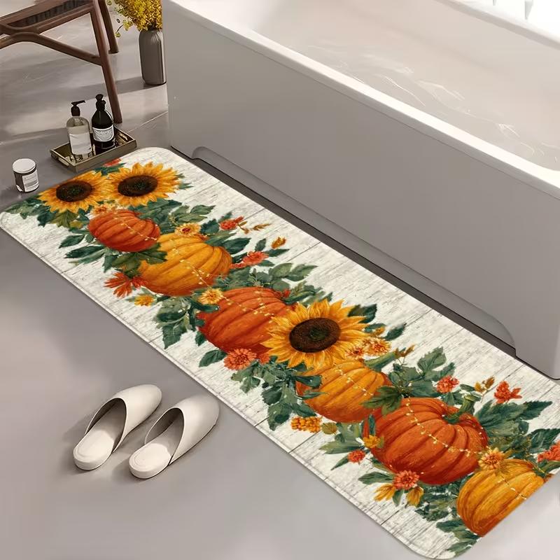 Fall Thanksgiving Pumpkin Print Long Mat Autumn Harvest Leaf Soft Non-Slip Runner Rug Seasonal Decor Carpet for Kitchen Entryway