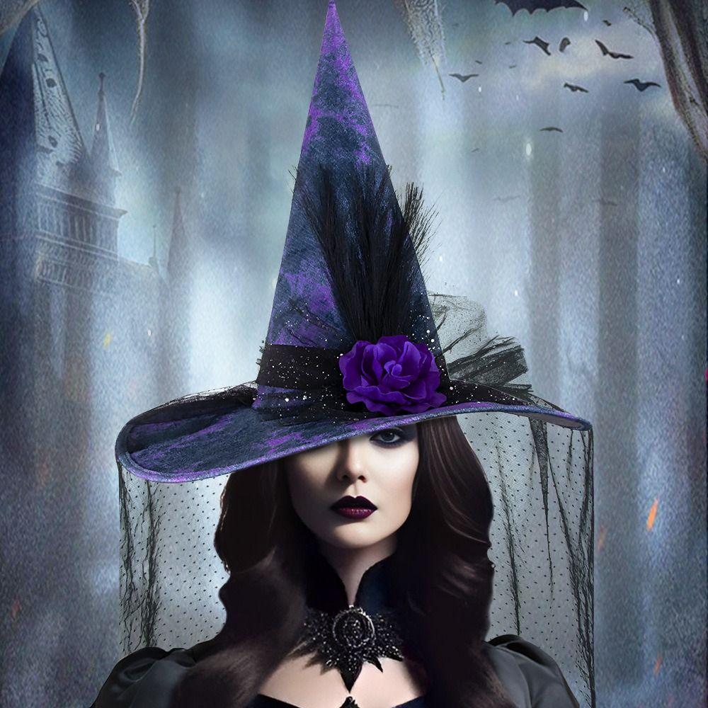 Creative Purple Mesh Veil Wizard Cap Flower Pendant Halloween Witch Hats Oxford Decoration Scarecrow Patch Witch Hat Parties