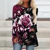 Plus Size Women Spring Floral Printed Comfy Long Sleeve Round Collar T-shirt Casual Baggy Mid Length Tee Tops
