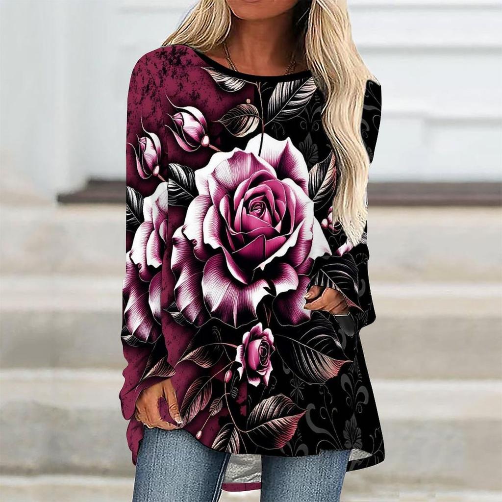 Plus Size Women Spring Floral Printed Comfy Long Sleeve Round Collar T-shirt Casual Baggy Mid Length Tee Tops