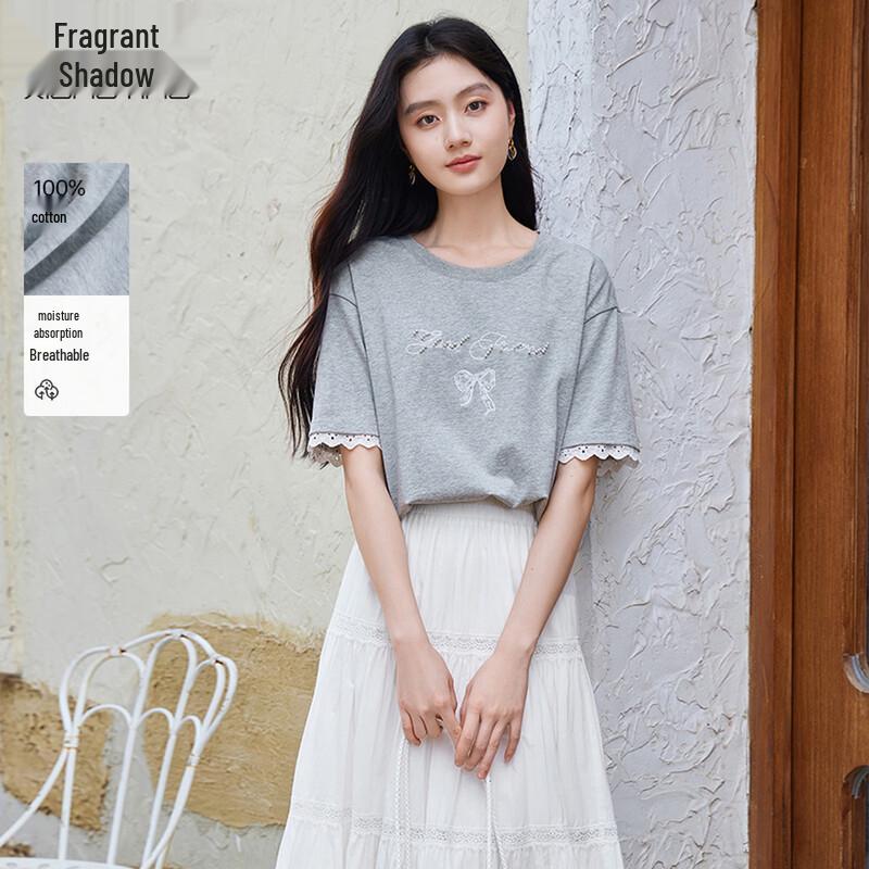 Xiangying Women s Lace Bow Trim Cotton T-Shirt M