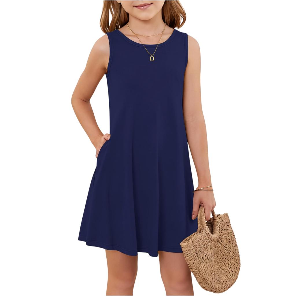 Girl Summer Dress Sleeveless Printed Color Casual Dress With Pocket