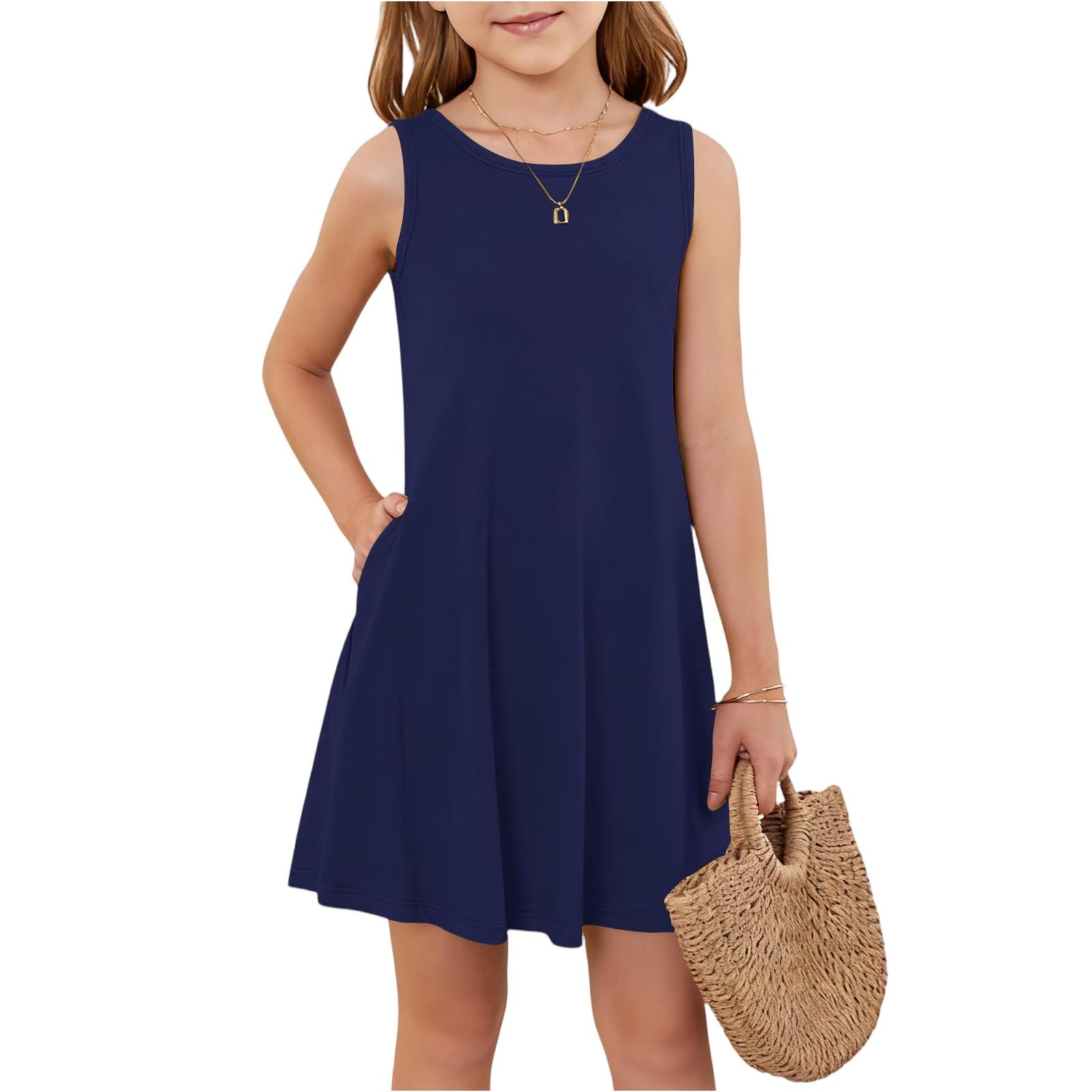 

Girl Summer Dress Sleeveless Printed Color Casual Dress With Pocket 150 Темно-синій