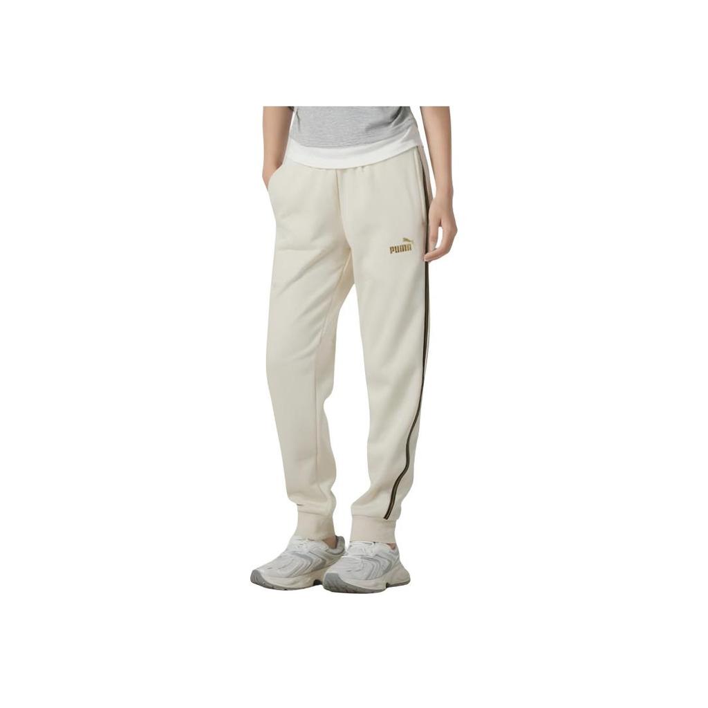 Puma Lifestyle Series Color Block Retro Striped Loose Fit Cuffed Casual Drawstring Mid Rise Knitted Sports Pants Women Pants Light-Yellow 685334-87
