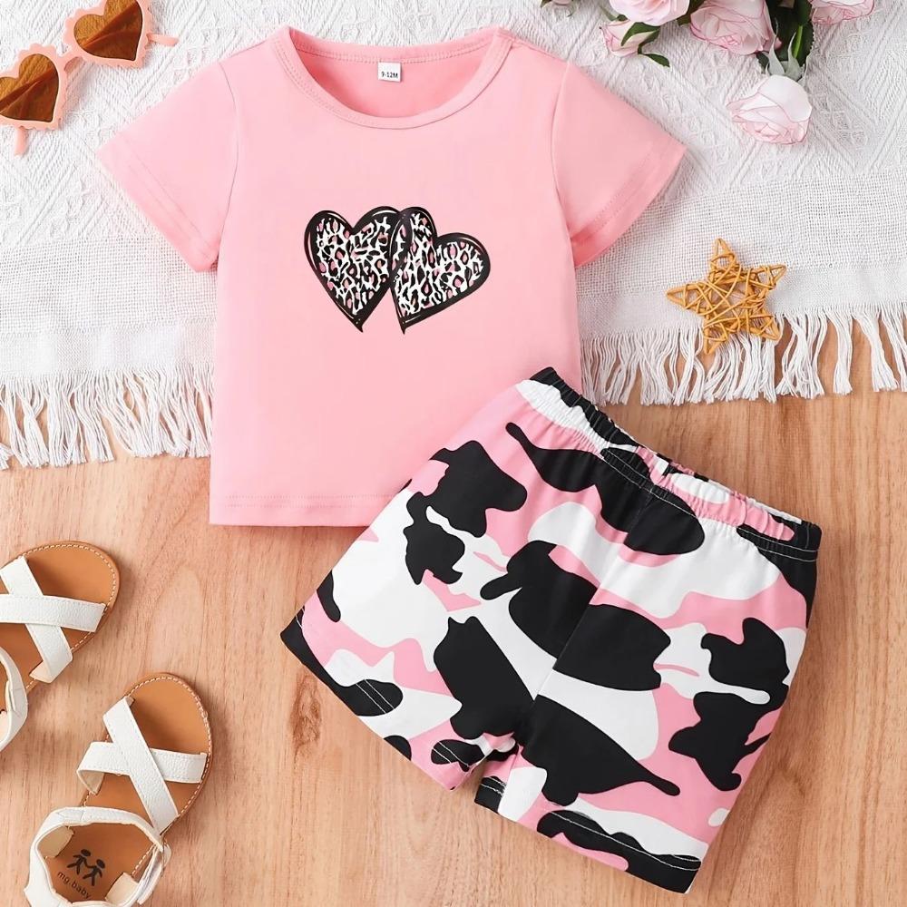 Baby Girl 2Pcs Pink Heart Tee + Camo Shorts Summer Casual Set 100