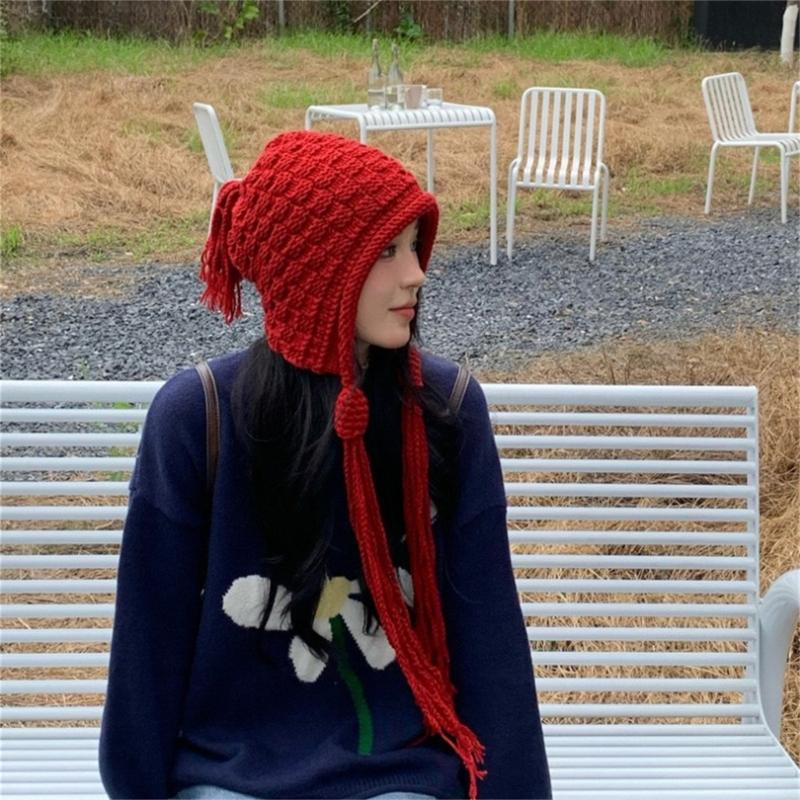 Handmade Fringed Braids Hat Y2K Sweet Girl Warm Beanie Hat InsStyle Bonnet Winter Autumn Skull Hat Pullover Earflap Hat