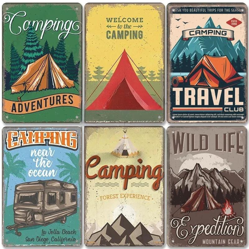 Camping  Adventure Plaques VintageMetal Tin Signs Plate Mountain Trip Campervan Tours Room Gym Sign Posters Wall Decor Travel