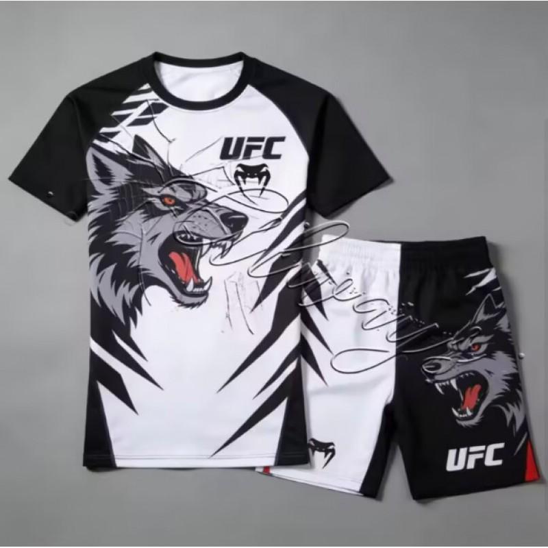 Atmungsaktives MMA Trainingsset für Herren 3D Digitaldruck Kurzarm-T-Shirt Shorts Sportbekleidung