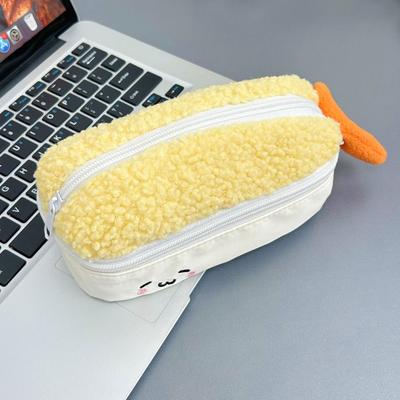 Plush Fried Shrimp Shape Pen Bag Double Layers Large Capacity Stationery Bag Cute Students Pencil Case Stationery Organizer