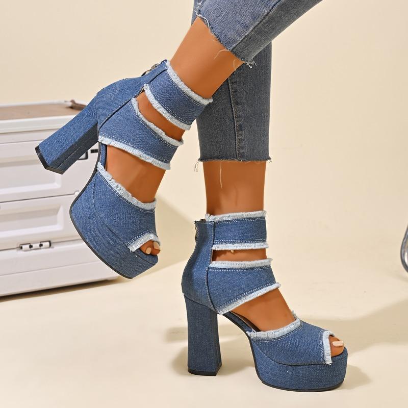 Fashion 2025 Summer New Women's Cover Heel Sandals with Platform Back Zip Ankle Wrap Denim Fashion Dress Party Plus Size Shoes for Women
