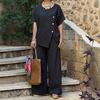 Women's Striped Short Sleeve 2 Piece Outfits Summer Crew Neck Top And Long Pants Matching Lounge Sets with Pockets