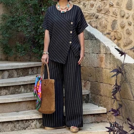 Women's Striped Short Sleeve 2 Piece Outfits Summer Crew Neck Top And Long Pants Matching Lounge Sets with Pockets
