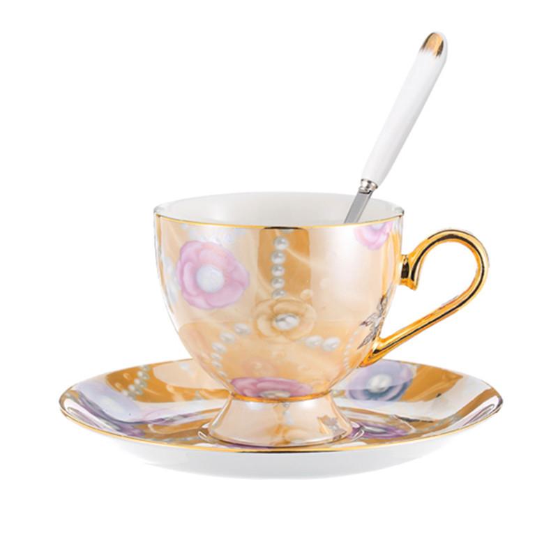 European Style Pearl Textured Ceramic Coffee Cup Office Light Luxury Mug Golden Edged Afternoon Tea Cups Household Drinkware