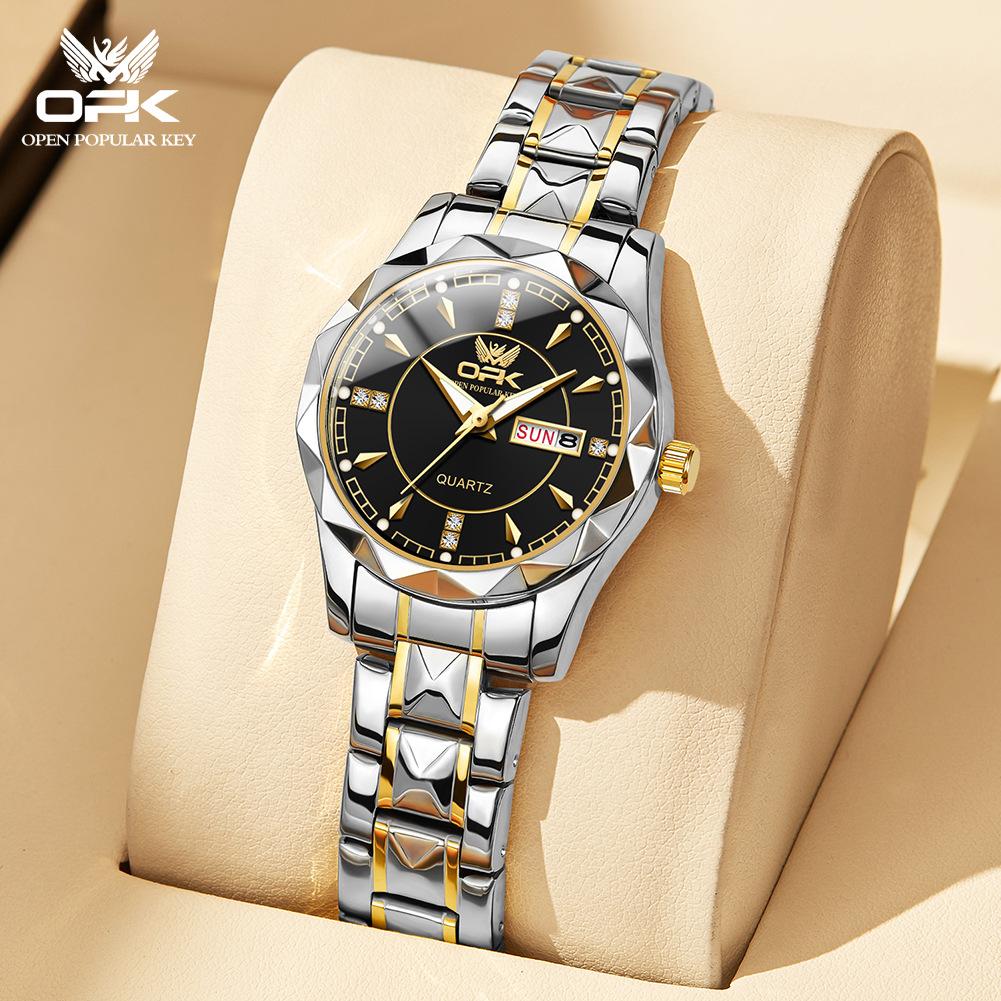 Rhombus Cut Couple Watch, A Pair of Steel Straps, Double Calendar Men's Watch, Luminous Waterproof Women's Watch, High-end