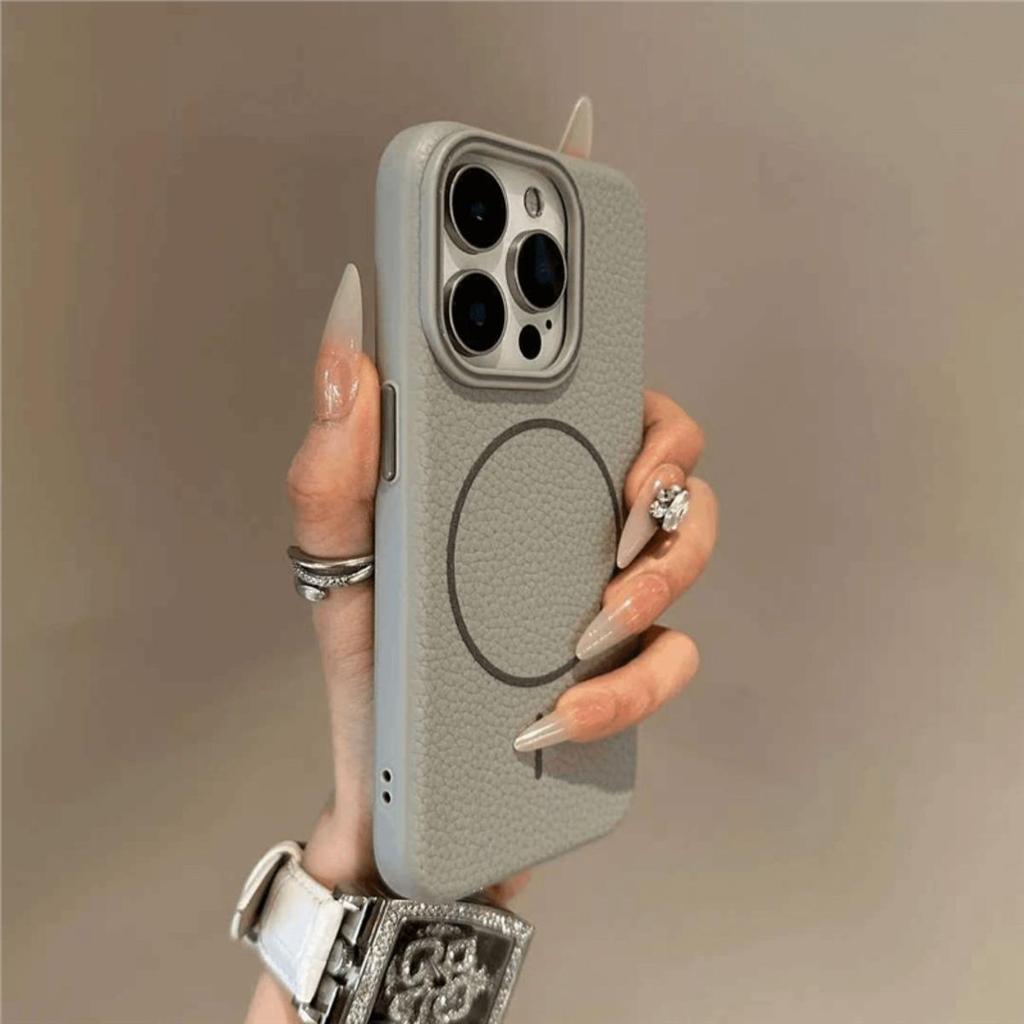 Pouzdro z PU kůže se vzorem liči s magnetickým uzávěrem pro iPhone 16 15 14 Plus 13 12 11 Pro Max pro bezdrátové nabíjení Magsafe, měkký kryt