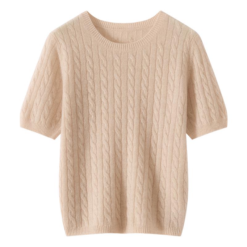 Women's 100% Cashmere Short Sleeve Cable Knit Pullover, Round Neck, Solid Color