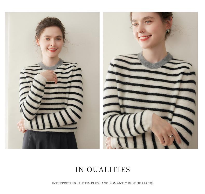 Autumn Winter Striped Round Neck Women's Cashmere Knit Sweater Pullover