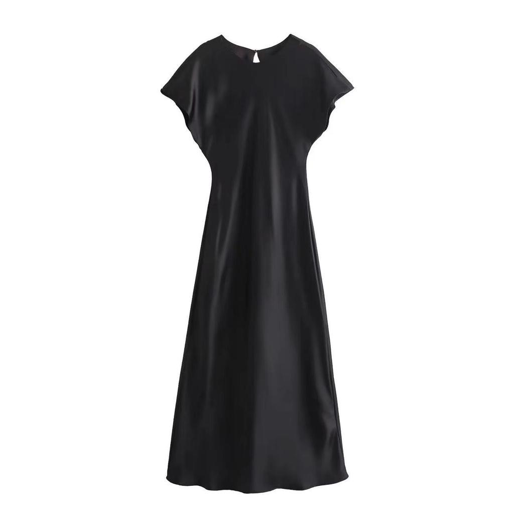 Damen Satin Rundhals Fledermausärmel A-Linie Maxikleid