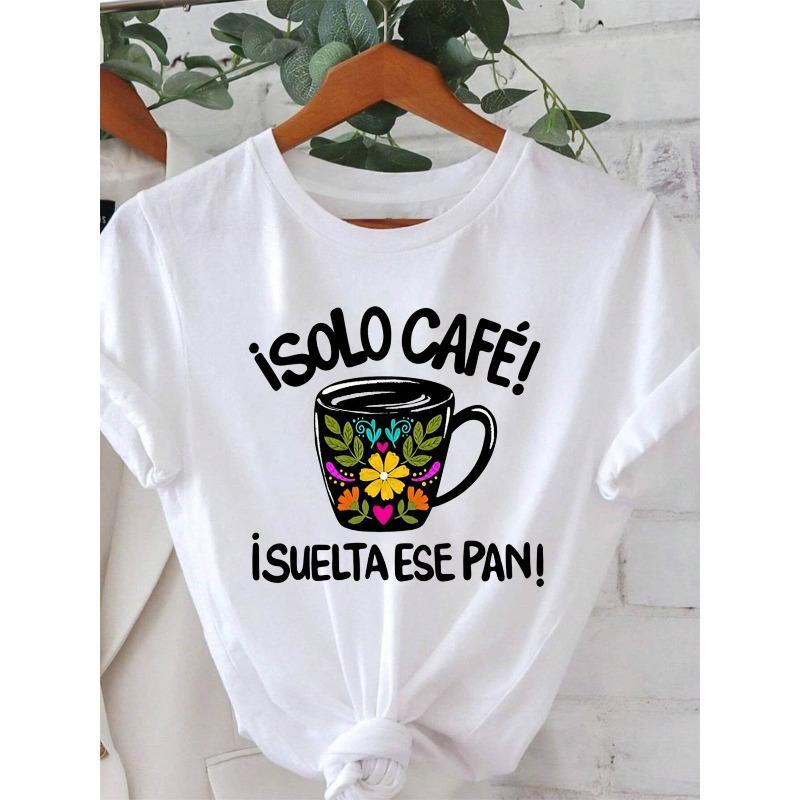 

Spanish Coffee Humor Solo Cafe Letter Print T - Shirt Women s Spring - Summer Short - Sleeve Crew - Neck Casual T - Shirt, Daily Leisure, Holiday Gift S белый