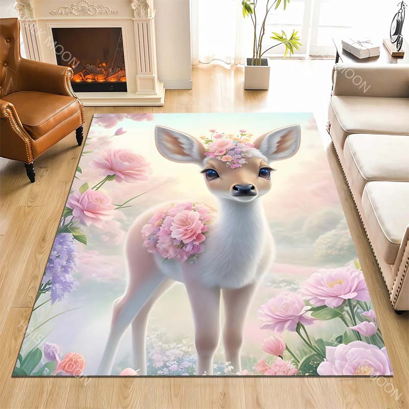 1PC Flower crowned fawn amid pastel blossoms Carpet for Living Room Bedroom Sofa Home Decor Rus Non-slip Floor Mat Luxury Gift