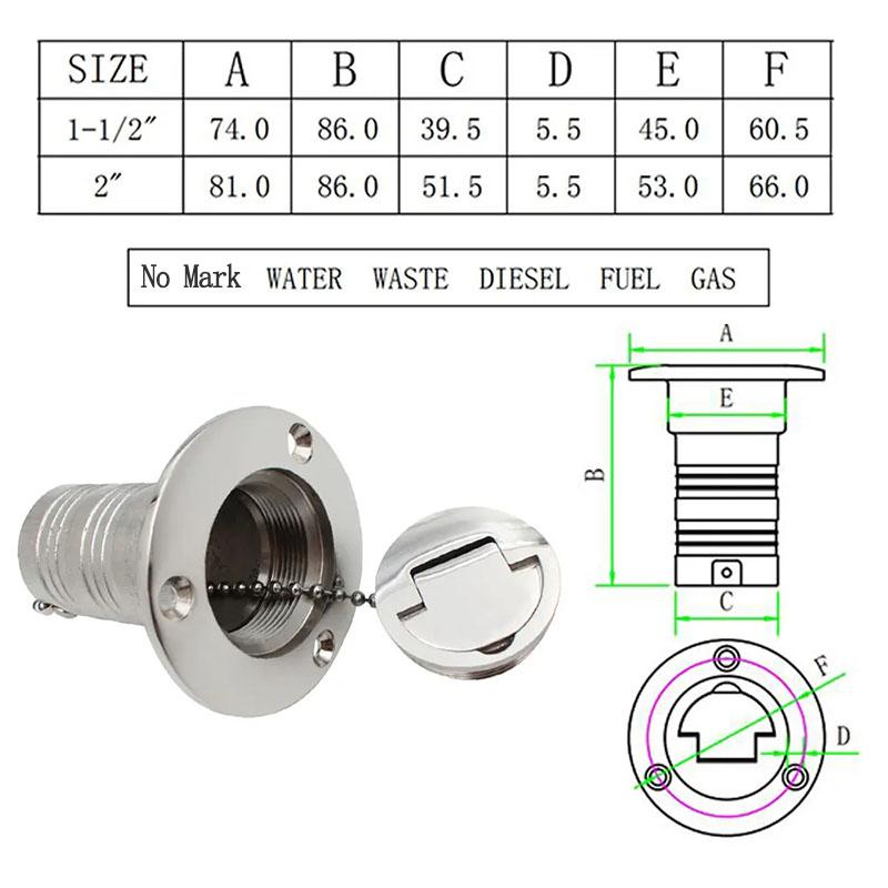 45/90 Degree Stainless Steel 316 Deck Filler Cap GAS DIESEL FUEL WASTE WATER 50mm(2inch) Marine Boat Yacht Hardware Deck Filler
