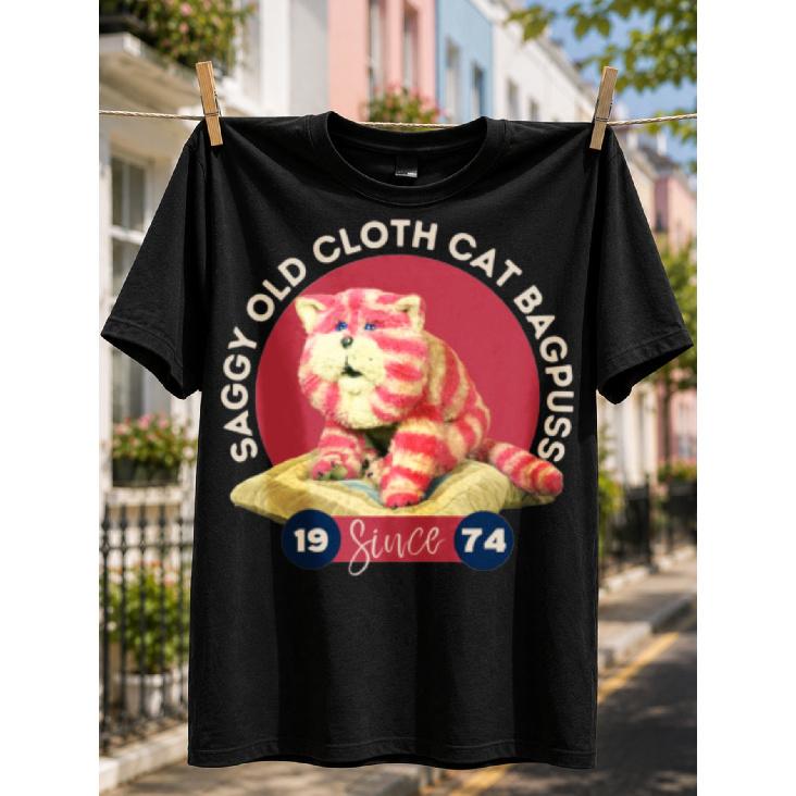 Vintage Style Men S T-Shirt Saggy Old Cloth Cat Bagpuss Since 1974 Design Summer Casual Wear for Cat Lovers And Nostalgia Fans Loose Fit Round Neck S чёрный