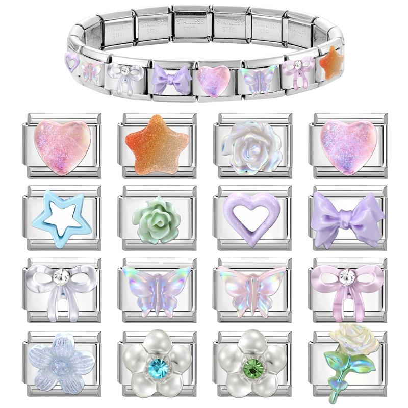 Fashion Heart Bow Knot Butterfly Star Rose Flowers Italian Charm Links Fit 9mm Stainless Steel Bracelet Women DIY Making Gift