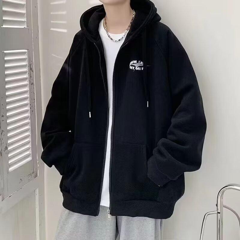 Hooded sweater men's autumn and winter American high street velvet heavy cardigan jacket spring and autumn ins trendy brand loose top