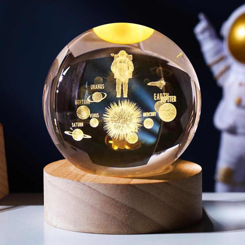 Large Starry Sky Astronaut Crystal Ball Night Light with 3D Carving and Luminous Wooden Base - Perfect Birthday Gift for Girlfriend.