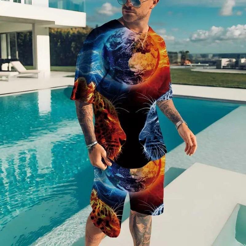 Summer New Men s Animal T-shirt Set 3D Printed Animal Pattern XXS
