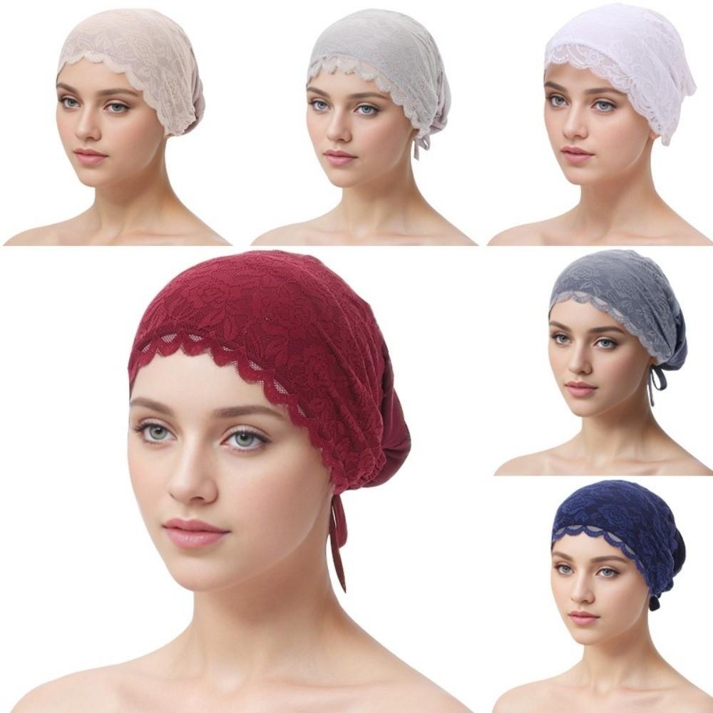 Fashion Elegant Turban Hat Solid Color Breathable Hijab Cap Tie Straps Elastic Beanie Bonnet Female Head Covering