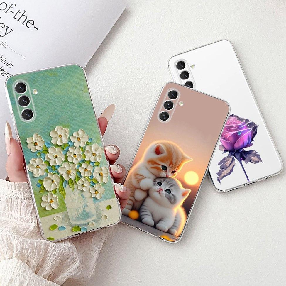 For Samsung A04s Case SM-A047M Clear Aesthetic Cute Cat Fashion Flowers Painted Back Cover For Samsung Galaxy A04s Phone Case