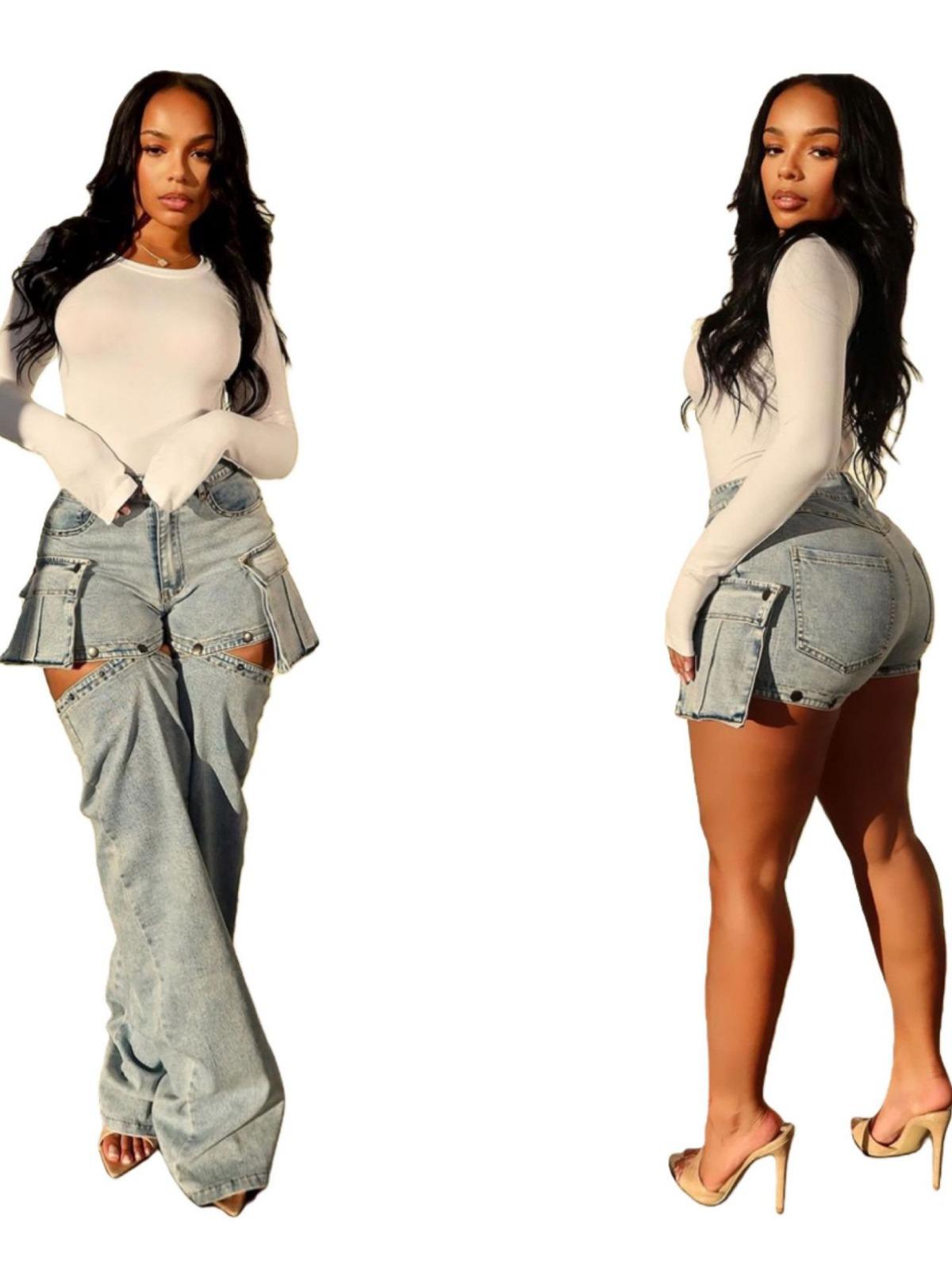 

European Fashion Women s Stretch Denim Jeans with Detachable Shorts and Hollow Out Design X-Large небесно-голубой
