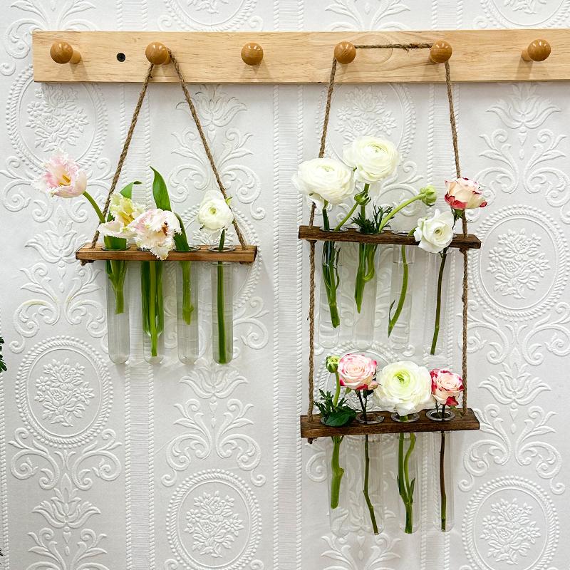 Ins Hydroponic Test Tube Vase Series Wall Mounted Wooden Frame Hydroponics Decorative Container Home Decoration Party Gift Vase
