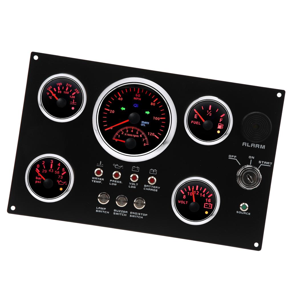 12V 5dílná sada přístrojů Přístrojová deska 0 až 120MPH 0 až 8000RPM Červená LED 0 až 5bar 0 až 73psi pro námořní loď auto