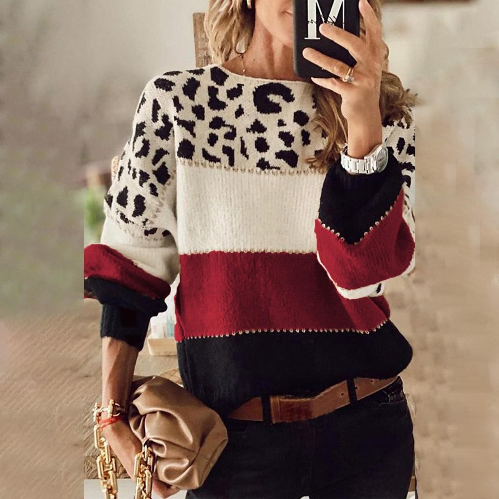 

Женский модный повседневный свитер с принтом и круглым вырезом, теплый свитер с длинными рукавами XL красный