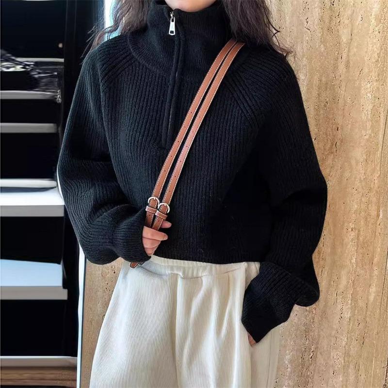 Half-zipper sweater women's loose outer wear autumn and winter new pullover short high-waisted design bottoming knitted sweater top