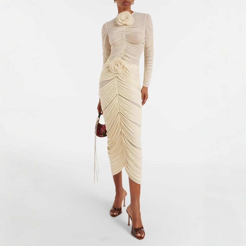 Spring/Summer 2024 French Ruched Bodycon Midi Dress with 3D Flowers