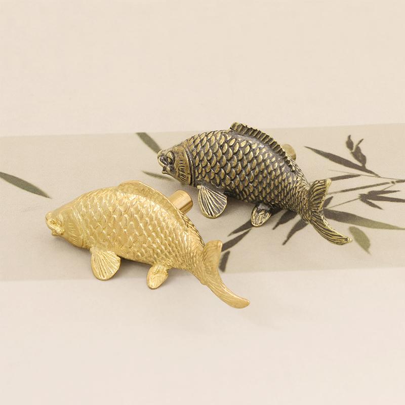 1pc Gold Color Carp Fish Brass Handle Retro Luxury Cabinet Door Knobs Single Hole Furniture Hardware Wardrobe Drawer Pulls