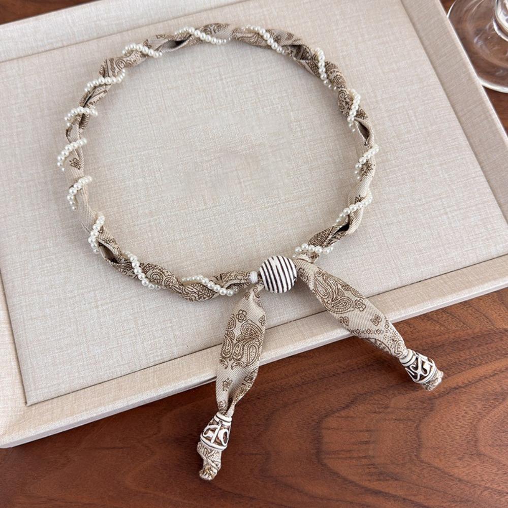 Pearl Scarf Silk Scarf Necklace Vintage Flower Print Collar Scarf  Overcoat Jewelry хаки