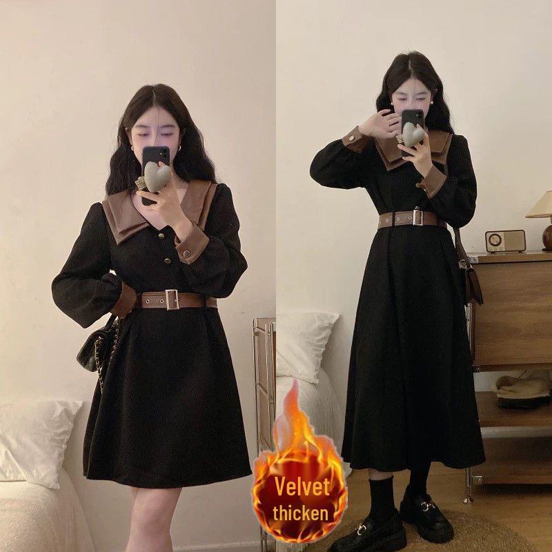 Plus Size Color Block Velvet Corduroy Dress - Retro Long Sleeve, Waist-Cinched Skirt for Autumn/Winter