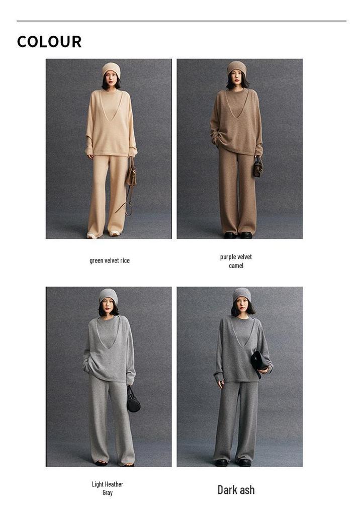 Set di maglieria casual da donna in cashmere, vestibilità larga, tre pezzi, per Autunno/Inverno