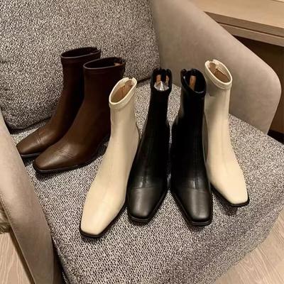 New Women Winter 2024 Black Sexy Square Head Low Heel Shoes Footwear Zip Comfy Short Boots White Stretch Tight Boots