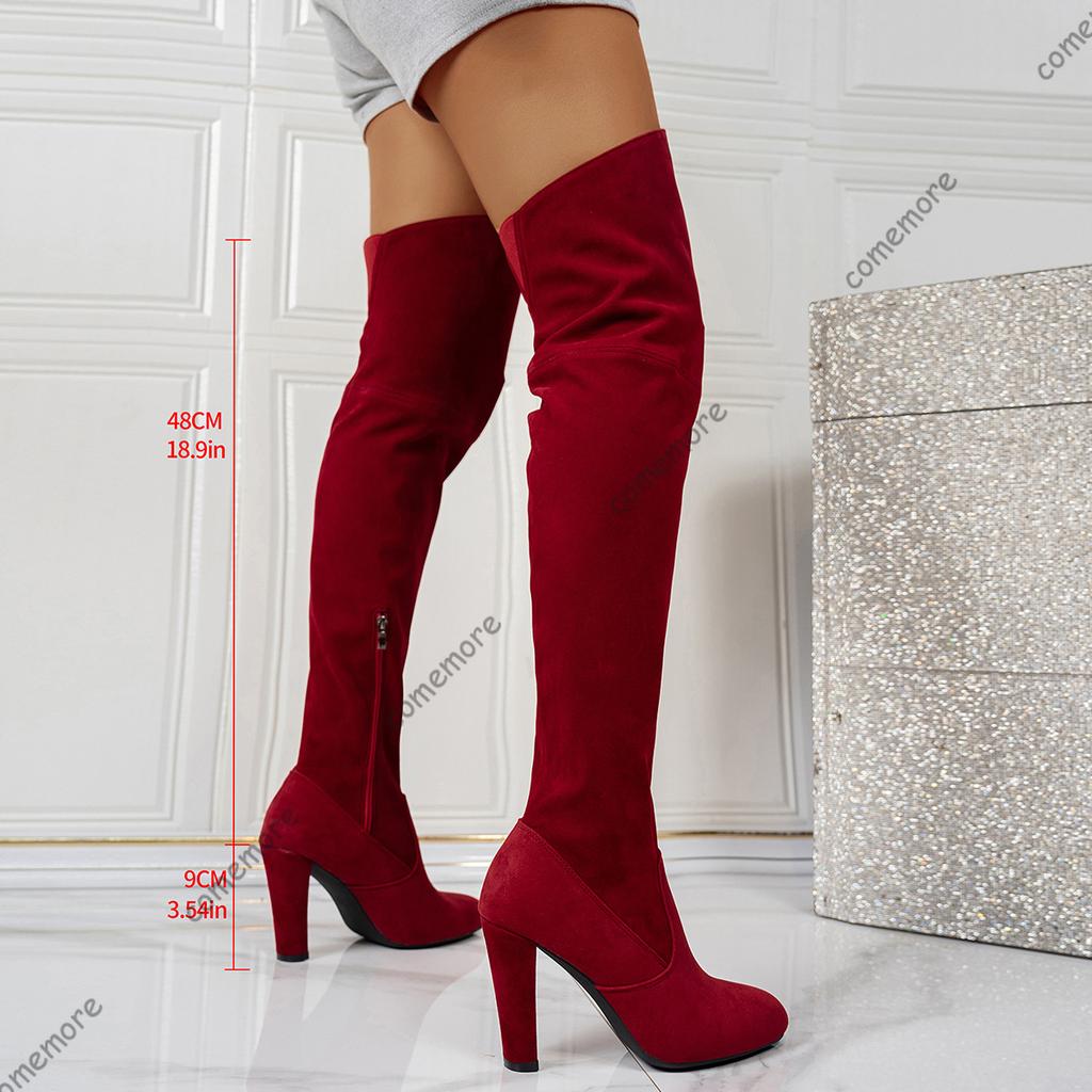 Comemore Over The Knee Boots Pointed Toe High Heels Women's Shoes Autumn and Winter New Stretch Sexy Solid Suede Long Botas