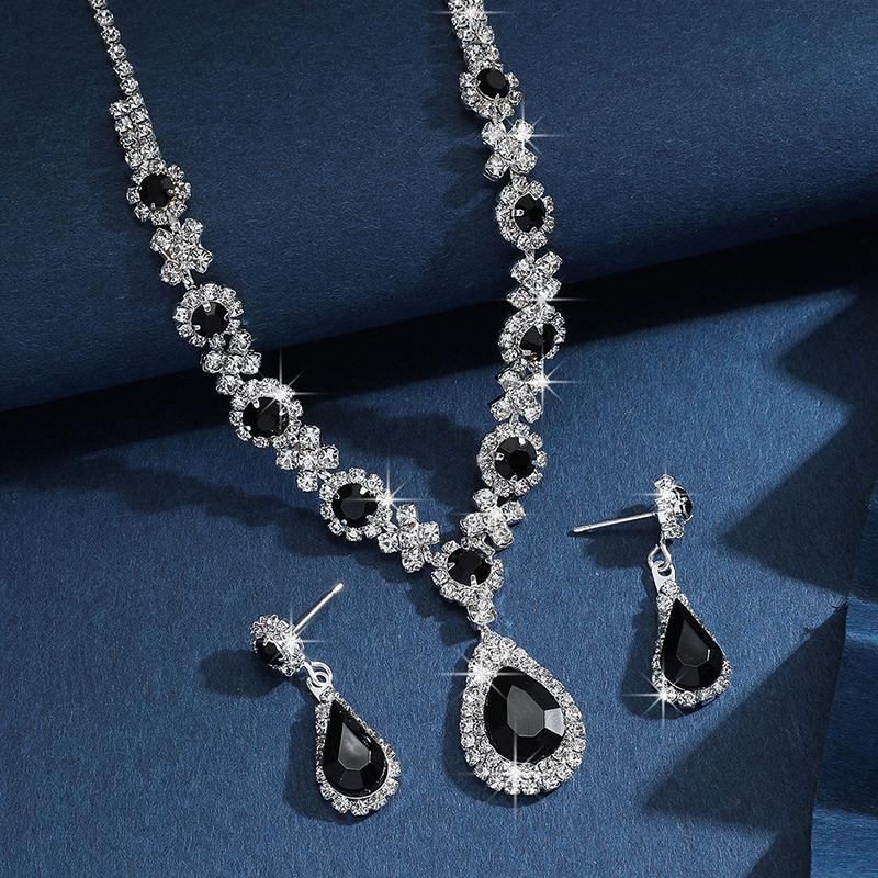 Green Water Drop Jewelry Set Exquisite Rhinestone Pendant Party Women Fashion Necklace Earring Set Prom Wedding Accessories