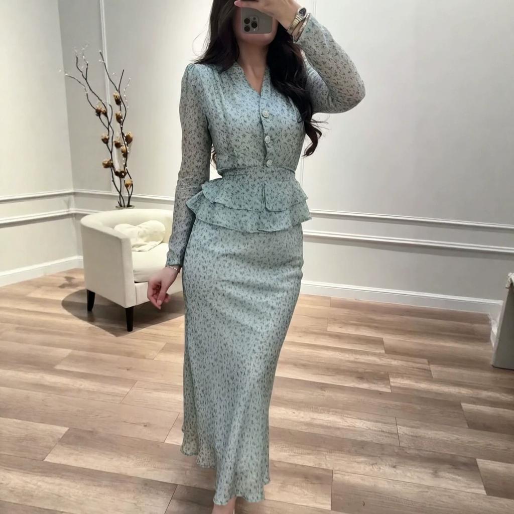 Autumn New European and American Amazon Cross-border V-neck Floral Ruffle Edge Top Fishtail Skirt Set